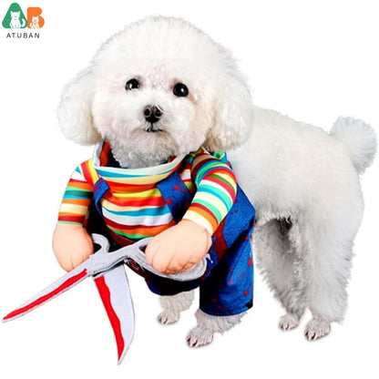 Traje de Cachorro de Boneca Estilo Tesoura de Halloween para Gatos, Filhotes e Cães de Porte Médio, Roupa Ajustável Engraçada Especial para Cosplay de Animais de Estimação