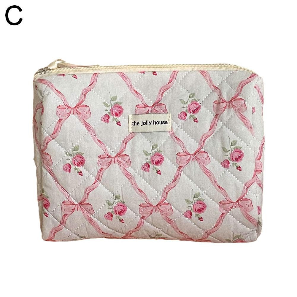 Cute Bow Flower Cloth Handbag Quilting Cotton Makeup Bag Women Zipper Cosmetic Organizer Portable Toiletry Case for Girls