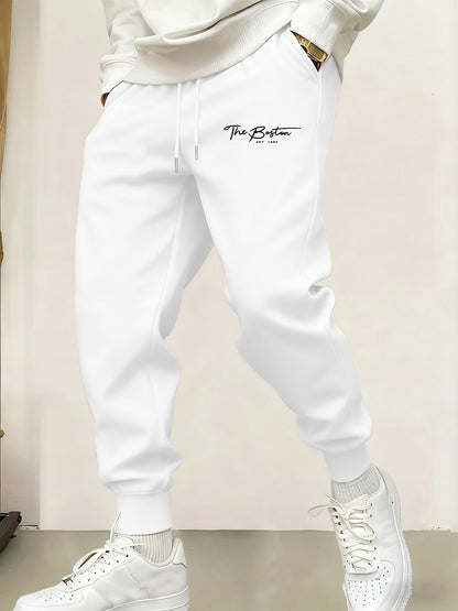 Calça de Moletom Masculina Casual com Estampa "Boston Est 1997", Cintura Elástica, Básica, Confortável, Calça de Outono, Jogging, Calça Comprida Estilo Rua