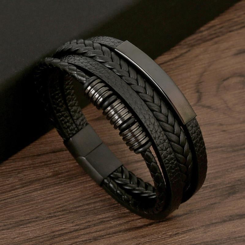 Pulseira de Couro Masculina Punk com Fecho Magnético de Aço Inoxidável Trançado em Camadas Envoltório de Couro Pulseiras Presente Joias Masculinas