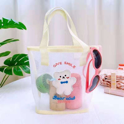 INS Cute Bear Cosmetic Bag Women Fashion Handbag Transparent Mesh Makeup Case Summer Convenient Swimming Outdoor Beach Bag
