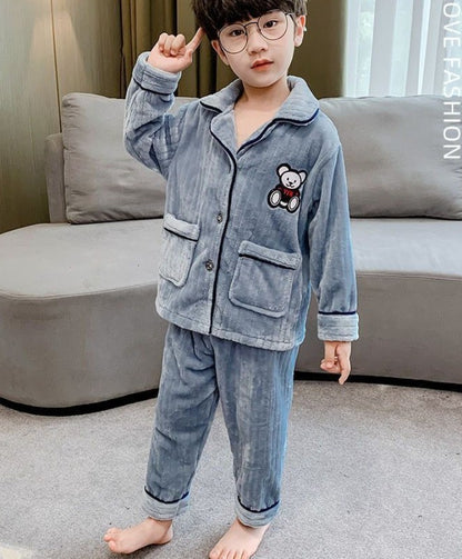 Boys Autumn Winter Thickened Flannel Coral Fleece Pajama Set Warm Kids Sleepwear Homewear
