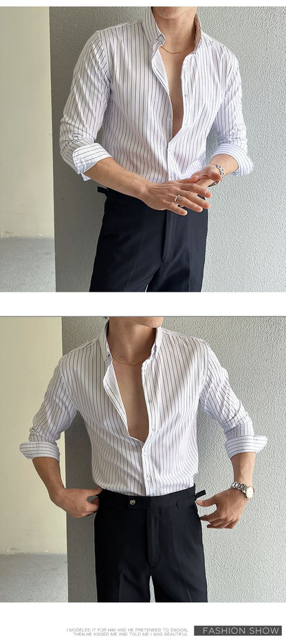 Striped Shirts for Men High-quality 2025 Autumn New Solid Business Casual Long Sleeved Elastic Slim Fit Dress Shirt Men Clothing