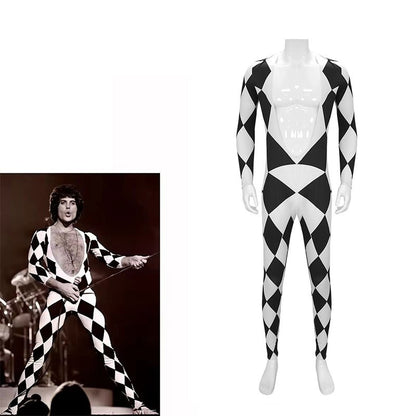 Freddie Mercury - Queen Harlequin Cosplay Costume Unitard Black and White Diamond Bodysuit with attached feet for Men