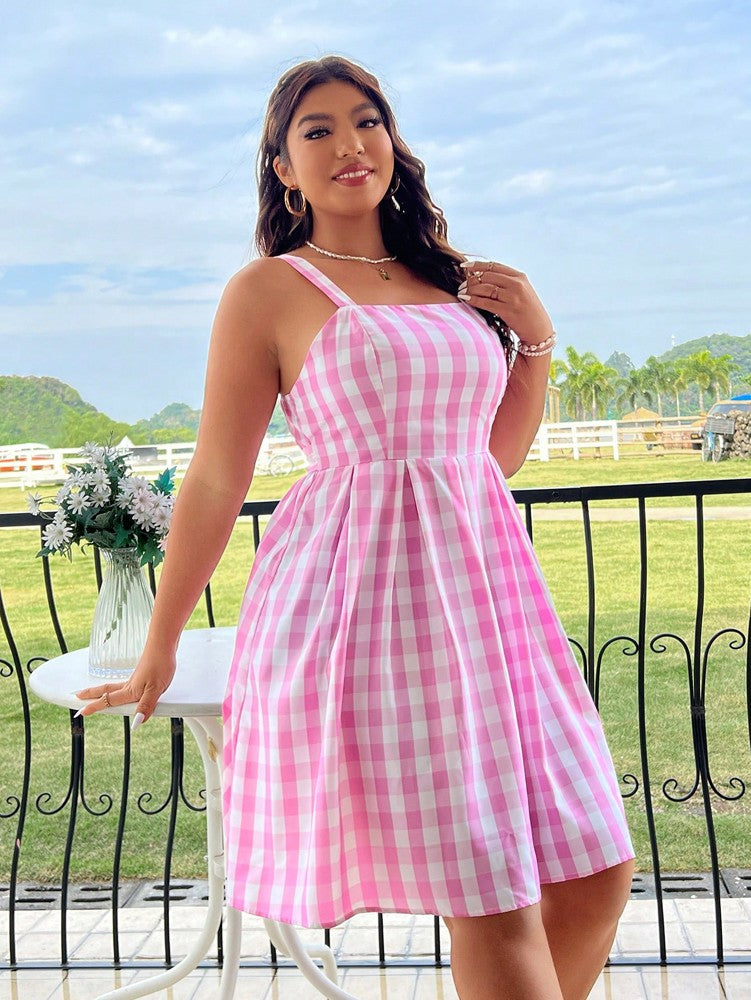 Plus Size Spring/Summer New Arrival Strapless Backless Dress Full Skirt Hem Holiday Beachwear Pink Checkered Dress