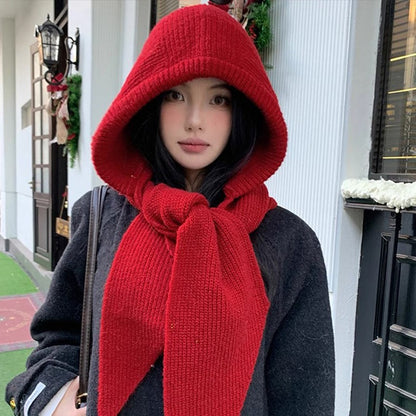 Knitted Winter Balaclava One-piece Thickened Scarf Cap Winter Accessories Hooded Hat Neck Protection Scarf Cold Weather New