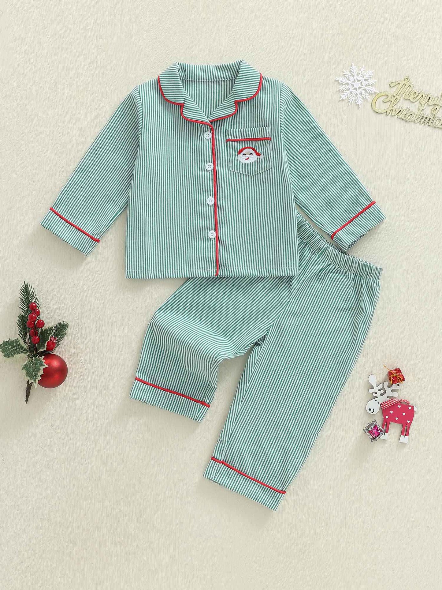 Toddler Baby Christmas Striped Pajamas Sets Santa Embroidery Long Sleeve Tops with Pants 2Pcs Sleepwear