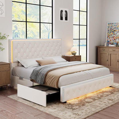 LED Bed Frame with 2 Drawers, PU Leather Platform Bed with Diamond Tufted Headboard Footboard and 2 Side Pockets, M