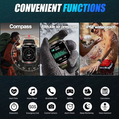 Novo relógio inteligente masculino para ambientes externos de 2,01 polegadas, à prova d'água 3ATM, bateria de 600mAh, bússola, lanterna LED, chamada Bluetooth, Smartwatch para Xiaomi