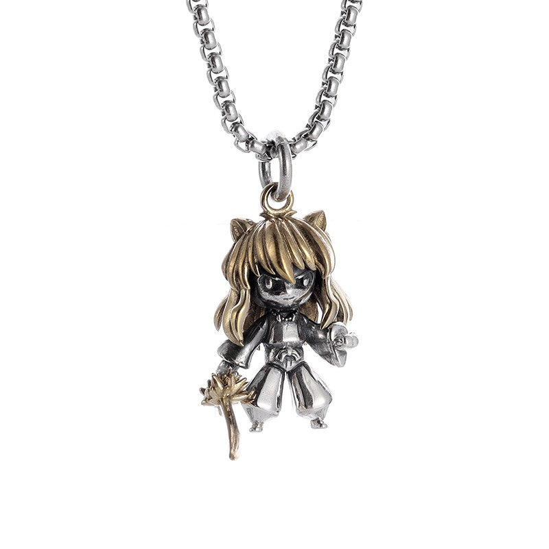 Colar Pingente Menina Bonita Anime Mecha Banhado a Prata Joia da Moda Hip-Hop Rock Punk Presente para Homens e Mulheres