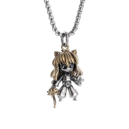 Colar Pingente Menina Bonita Anime Mecha Banhado a Prata Joia da Moda Hip-Hop Rock Punk Presente para Homens e Mulheres