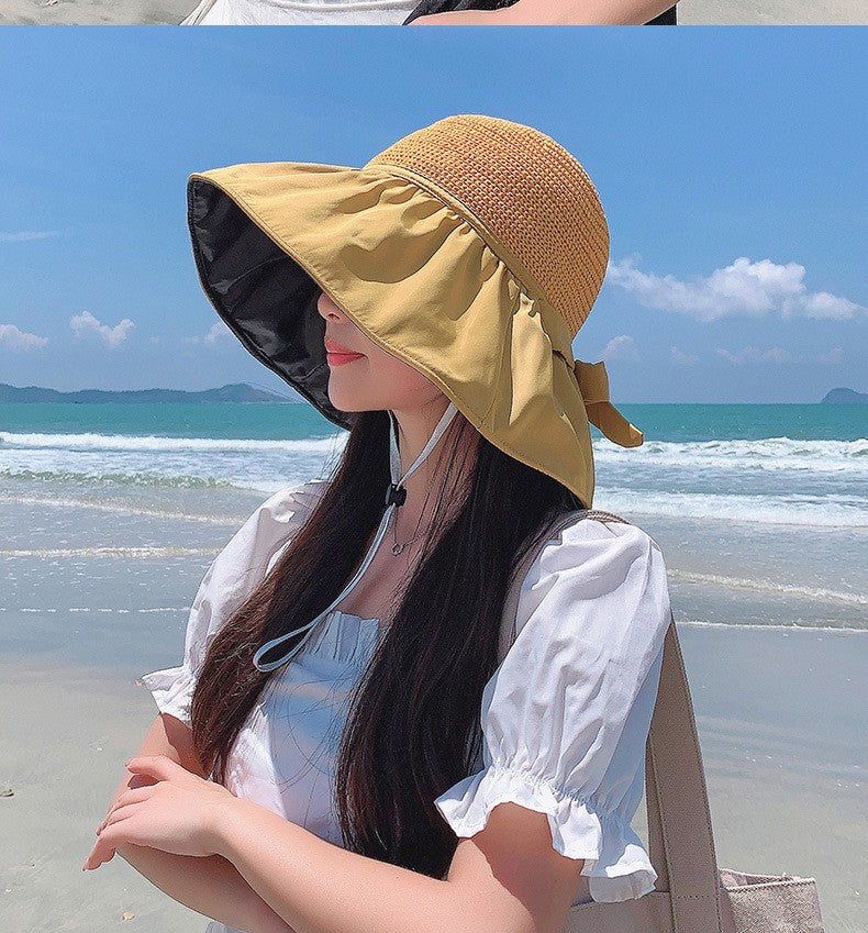 Summer Sun hat women's straw woven anti ultraviolet sun visor hat with big brim seaside black glue breathable Bucket hat sun hat