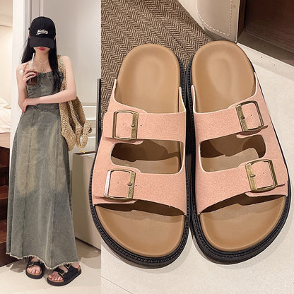 Bebealy Women's Sandals Soft-soled Platform Sandals Double Buckle Roman-style Belt-buckle Slippers Popular Slip-on Flat Slippers