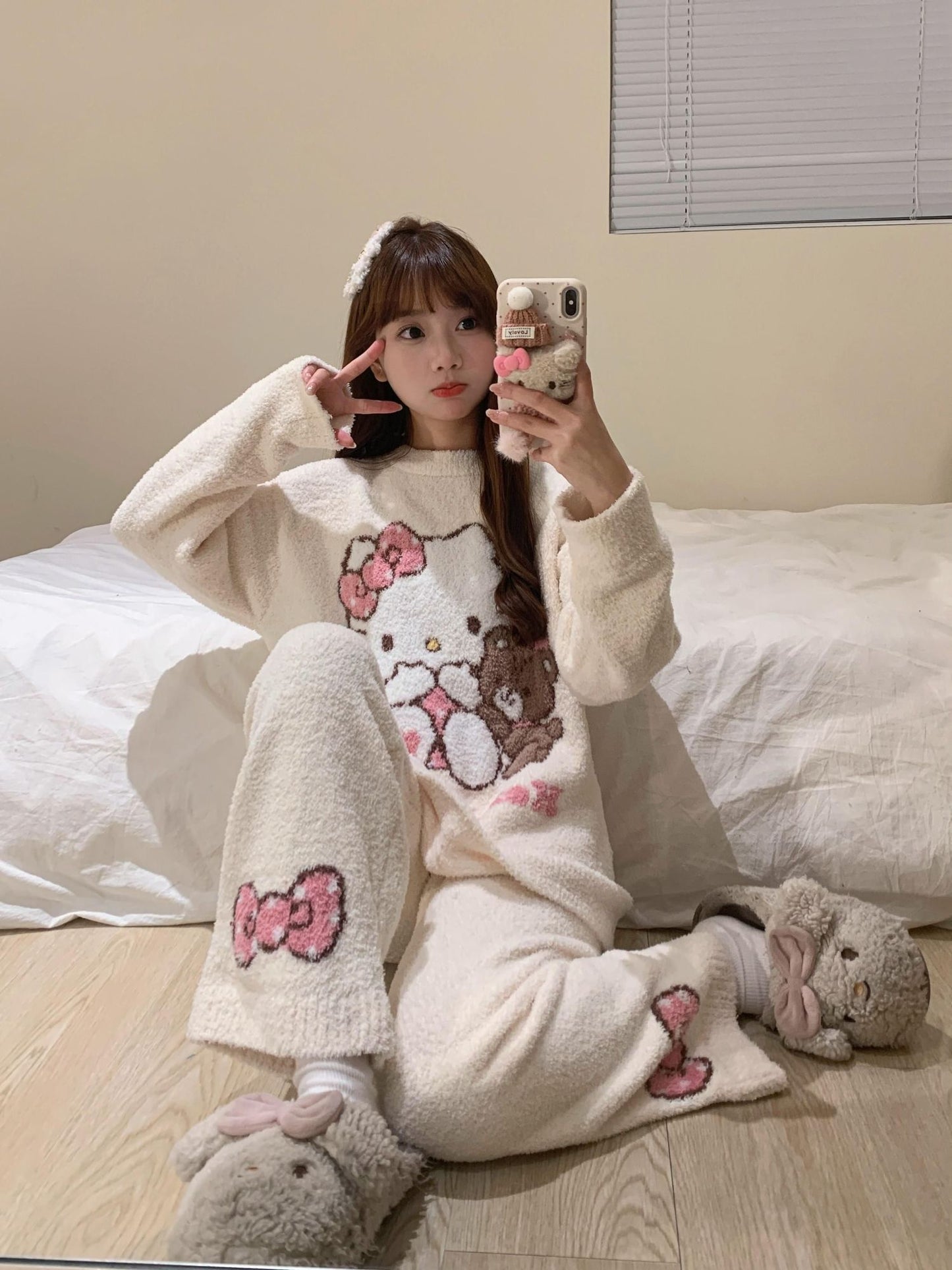 Hello Kitty Women's 2025 Kawaii Brushed Fleece Pajama Set Fall Winter Plush Thermal Cozy Sleepwear & Home Loungewear