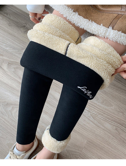 220g/350g Women High Waist Warm Thicken Tights Winter  Embroidery Solid Casual Fleece Pants Comfortable Versatile Points Pants