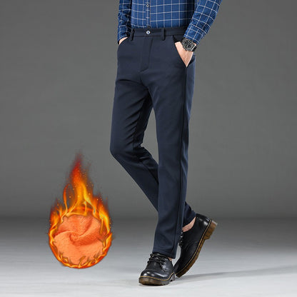 Winter Warm Men's Fleece Plush Pants Business Fashion Classic Style Black Blue Thick Warm Stretch Trousers Male Brand Clothing