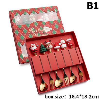 Stainless Steel Christmas Fork And Spoon Set with Gift Box for Coffee Tea Dessert Tableware