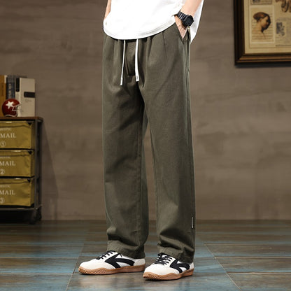 100% Cotton Men's Loose Wide Leg Pants Elastic Waist Fashion ArmyGreen Khaki Korean Streetwear Autumn Straight Trousers