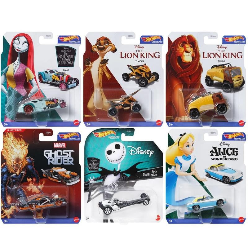 Disney Hot Wheels Carros de Personagens 2024 Mix 6U O Rei Leão Simba O Estranho Mundo de Jack Sally Capitão América Brinquedos de Miniatura