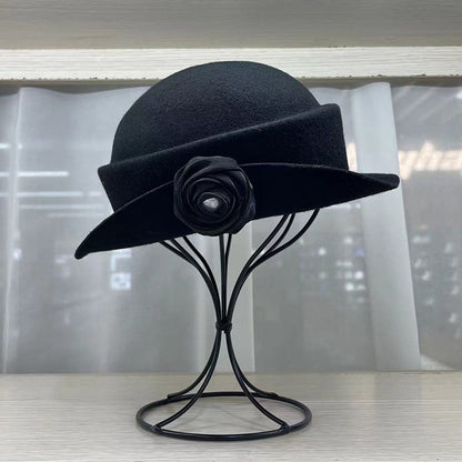 French light luxury Australian wool felt hat Hepburn style camellia flower small brim basin hat women elegant banquet top hat