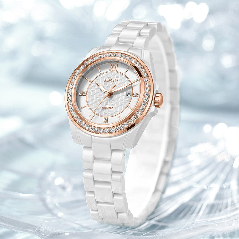 LIGE Fashion Quartz Watch for Women Stainless Steel Ceramics Strap Waterproof Women's Watches Elegant Luxury Ladies Wristwatch