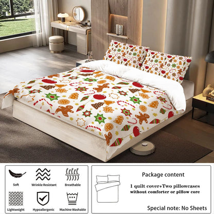 3-piece Christmas Cute Gingerbread Man Pattern Print (1 duvet cover+2 pillowcases, no core) Comfortable Bedding Set