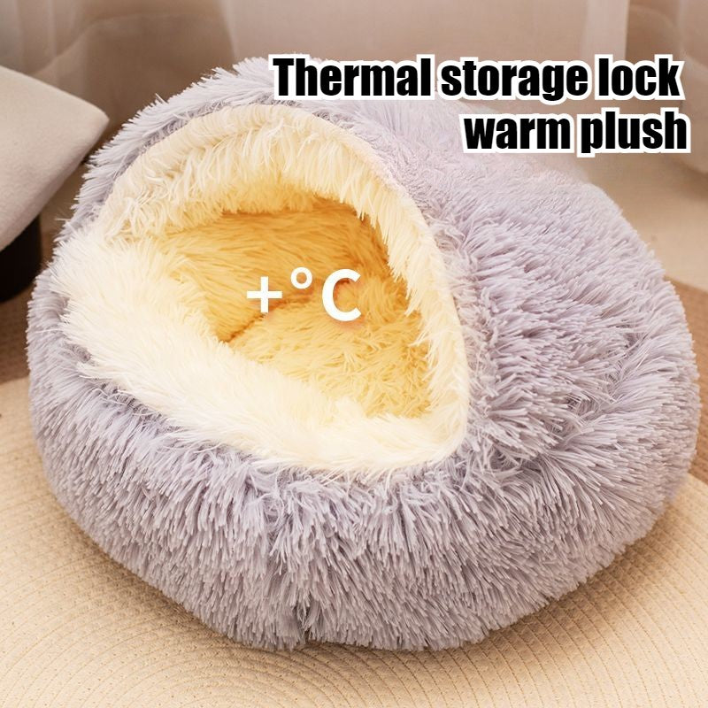 Cama para Pets 2 em 1 de Pelúcia Macia 50CM com Cobertura Redonda Cama para Gatos Colchão para Filhotes Quente Ninho Caverna para Cães Pequenos Tapetes