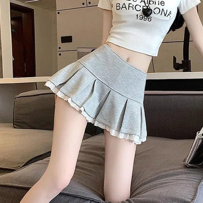High-Waisted Skirts for Women Korean Fashion Lace Spliced Pleated Skirt Ladies Summer All-Match Anti-Glare Mini Skirt