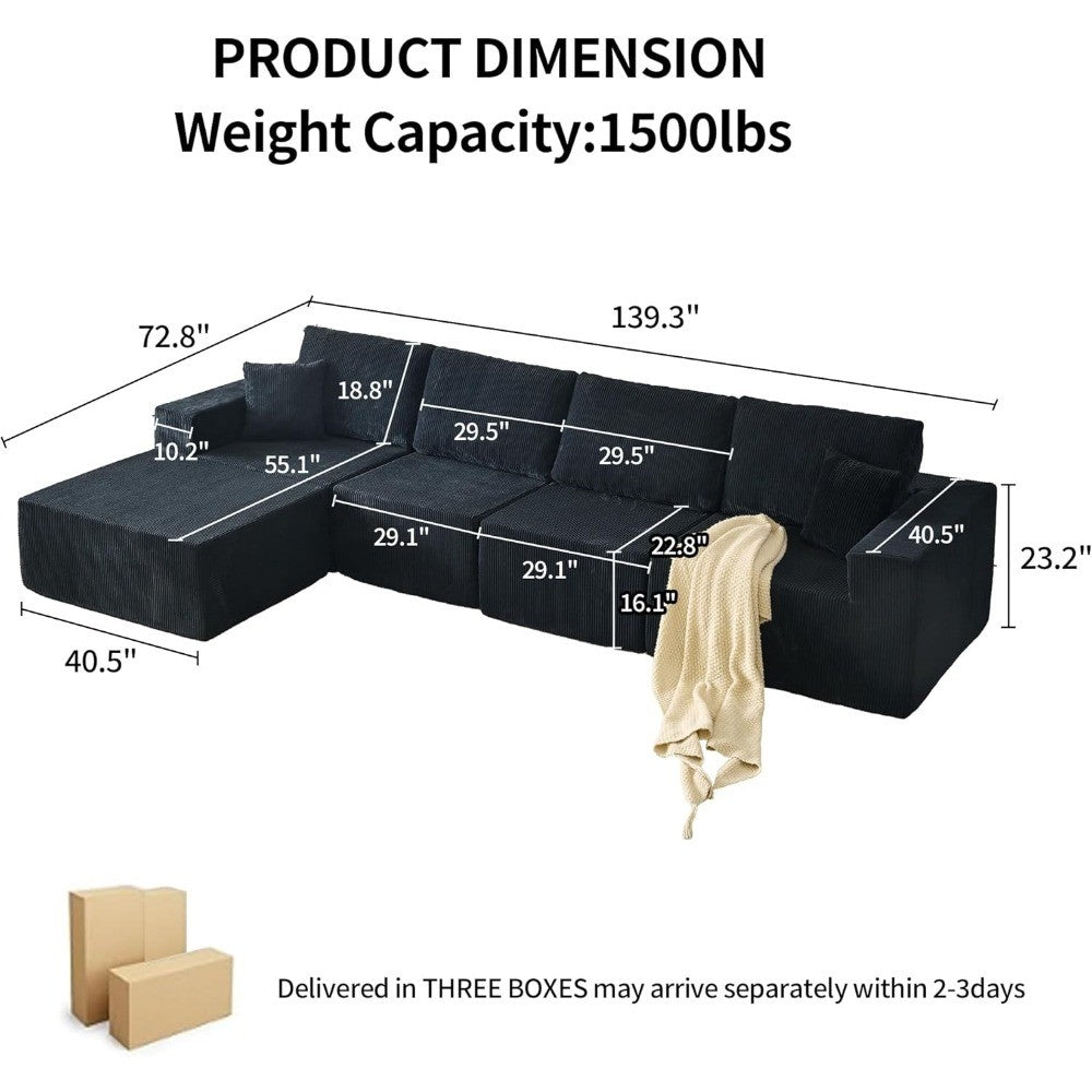 139.3" Luxury L-Shaped Modular Sofa – Corduroy Boneless Cloud Couch with Deep Seat, Movable Ottoman for Living Room