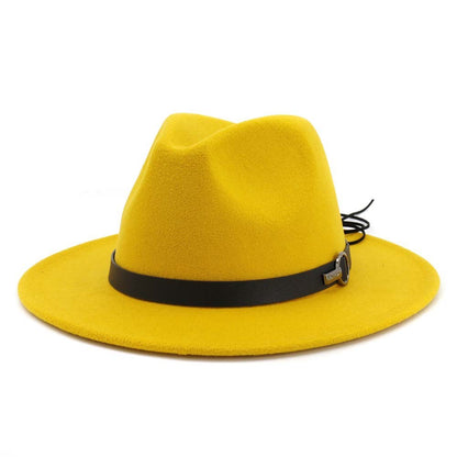 QBHAT Women Men Wide Brim Wool Felt Jazz Fedora Hats Panama Style Cowboy Trilby Party formal Dress Hat Large Size Yellow white