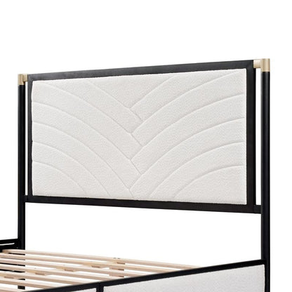 New Title: "Full Size Bed with White Boucle Fabric Headboard, Champagne Silver & Black Frame - Modern Design
