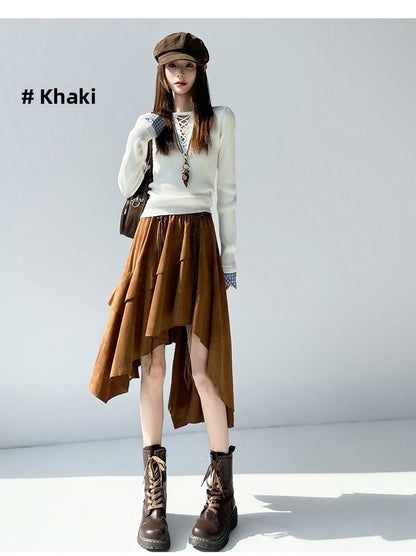 Caramel Suede Half-length Skirt Women's Autumn Winter New Irregular Belt Slim A- Line Midi Umbrella Skirt Comfortable Casual S .
