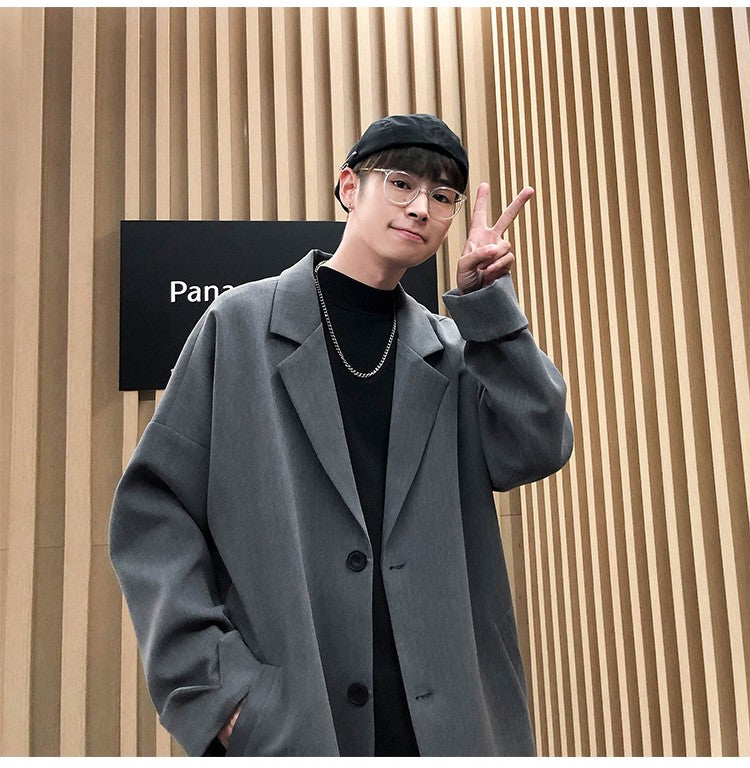 Autumn Men's Casual Solid Color Blazer Korean Style Business Single Trendy Oversize Business Suit Jackets Retro Daily Streetwear