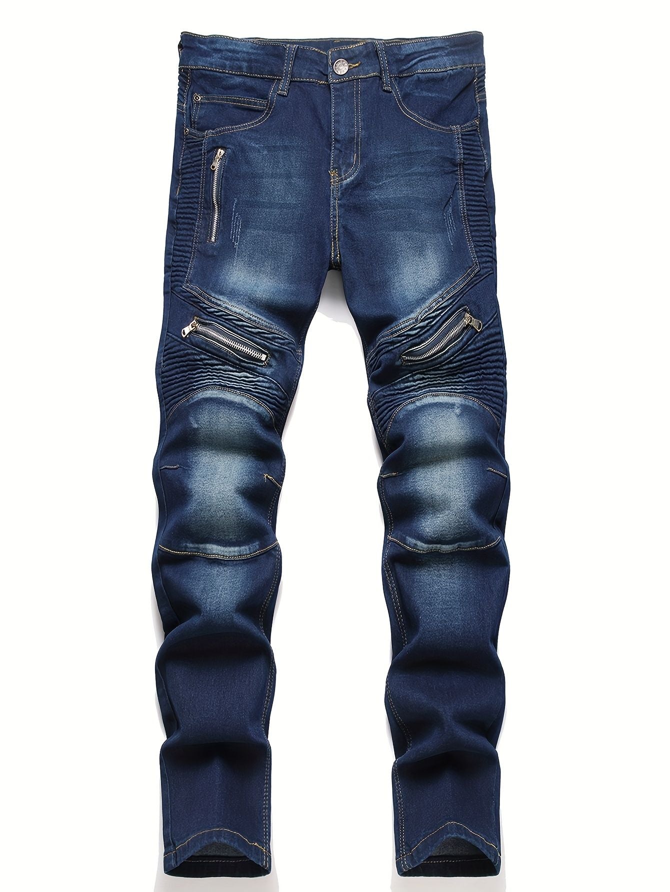 Men's ribbed jeans, elastic straight leg denim pants, washed bicycle distressed jeans
