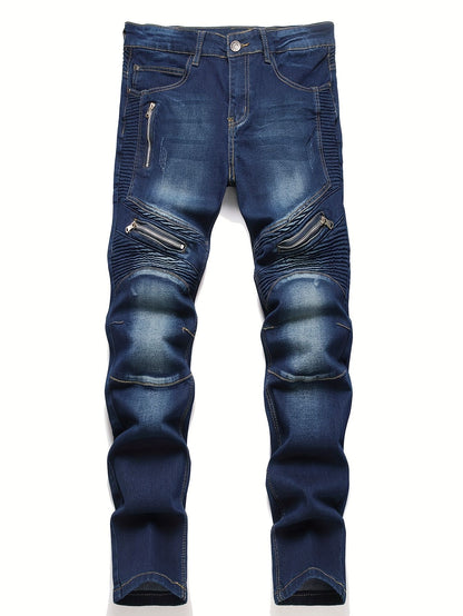 Men's ribbed jeans, elastic straight leg denim pants, washed bicycle distressed jeans