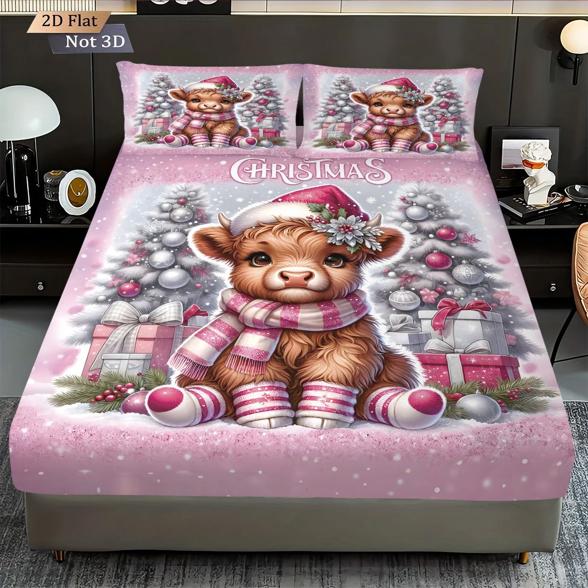 3pcs Christmas Highland Cow Print Coreless Bed Sheet Set Multiple Size Bed Cover Bedroom Bedding,  Decoration Machine Washable