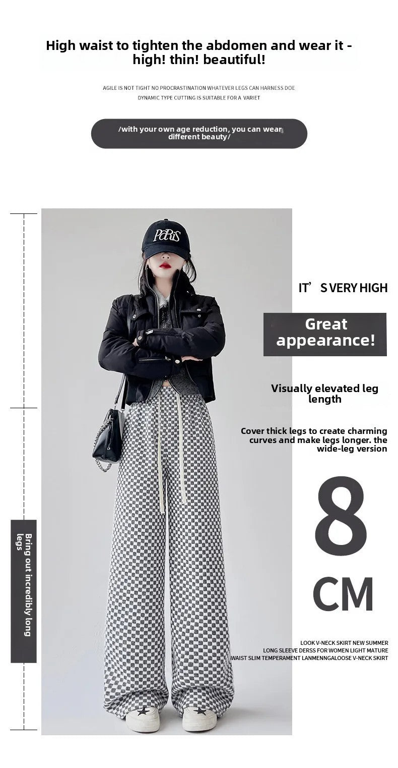 High Waist Wide Leg Pants Women's Autumn Winter New Style Lazy Casual Fleece Woolen Plaid Trousers Fashionable Comfortable