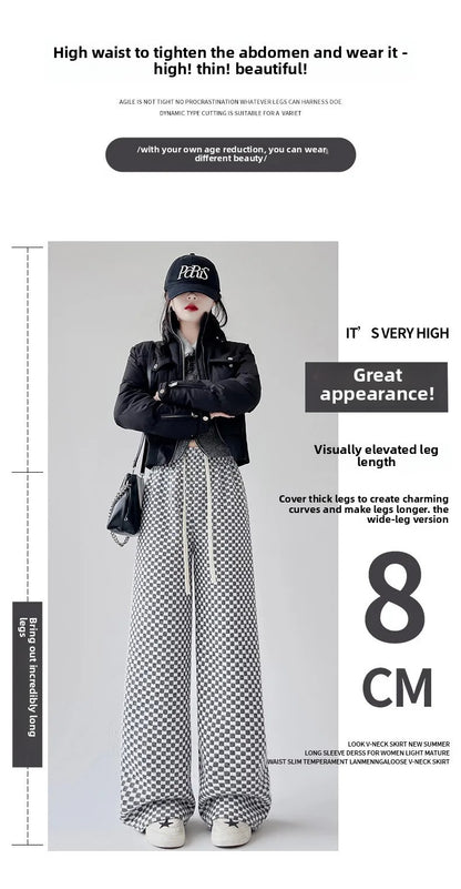 High Waist Wide Leg Pants Women's Autumn Winter New Style Lazy Casual Fleece Woolen Plaid Trousers Fashionable Comfortable