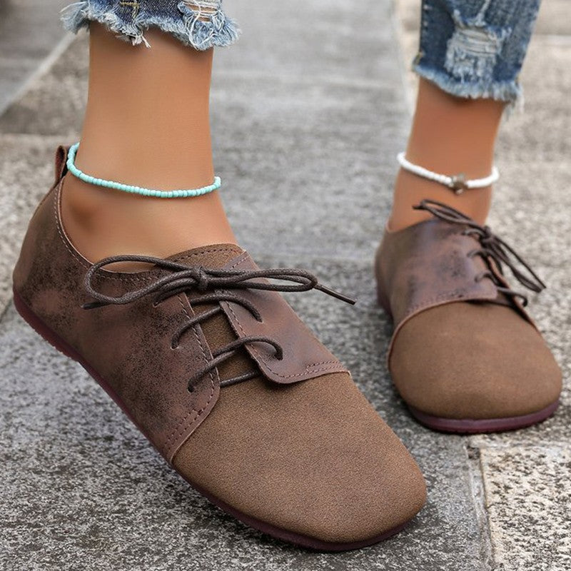 Brown Round Toe Flats Shoes Women 2025 Faux Suede Lace Up Flat Shoes for Woman Plus Size 43 Soft Walking Casual Shoes Female