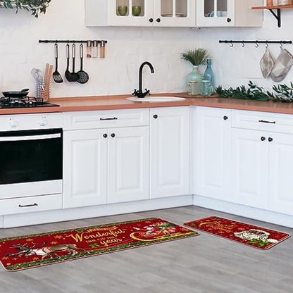 2 Pcs Christmas Kitchen Rugs Black Santa Christmas Decorations Xmas Winter Floor Mats Non Slip Washable Rubber Backing Doormat
