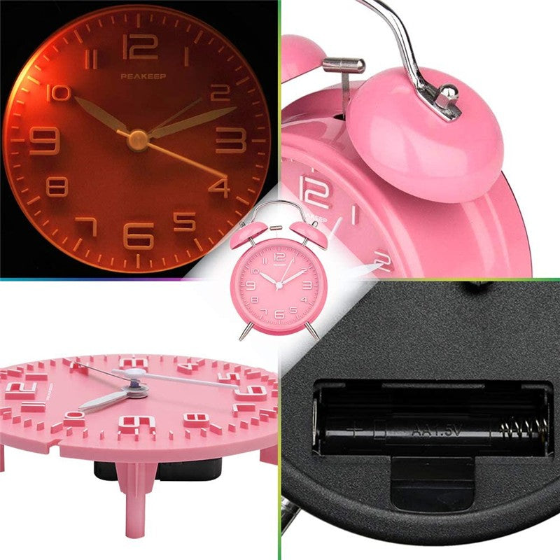 4 Inch Twin Bell Loud Alarm Clock Metal Frame 3D Dial with Backlight Battery Operate Desk Table Alarm Clock For Home and Office