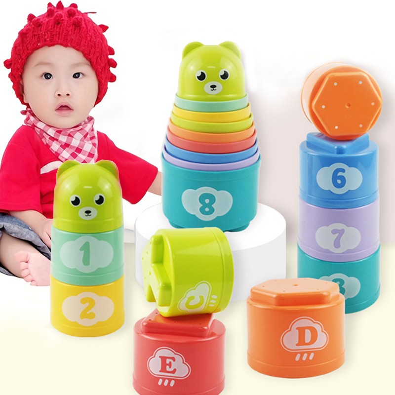 9PCS Copos Divertidos Arco-Íris Empilháveis Letras Figuras Brinquedo Educacional para Bebês e Crianças Torre de Empilhar Mini Urso Brinquedos para Crianças e Bebês