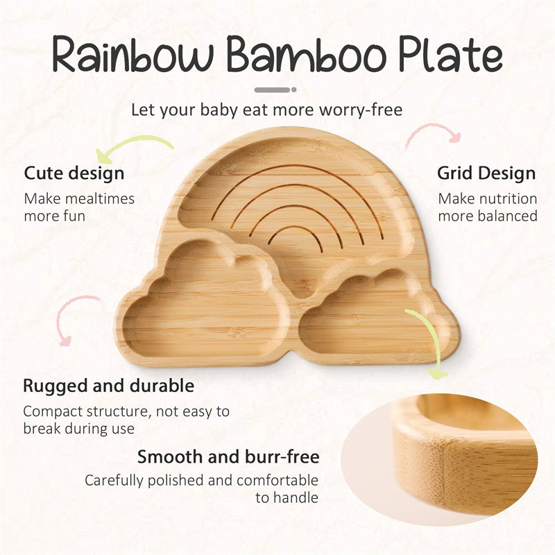 Baby Wooden Tableware Set Could Bamboo Wooden Plate Bowl Silicone Suction Wooden Handle Fork Spoon for Children Feeding Supplies