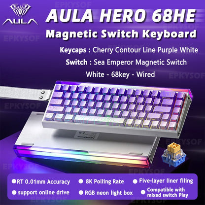 Teclado Mecânico para Jogos RGB com Switches Magnéticos AULA HERO 68HE Teclado para eSports com Acionamento Rápido e Retorno de 8K com Fio Personalizado