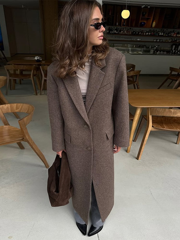 Women Elegant Shoulder Pad Wool Blend Overcoat Brown Lapel Single-breasted Long Sleeve Coat 2025 Autumn Lady Commuter Outerwear