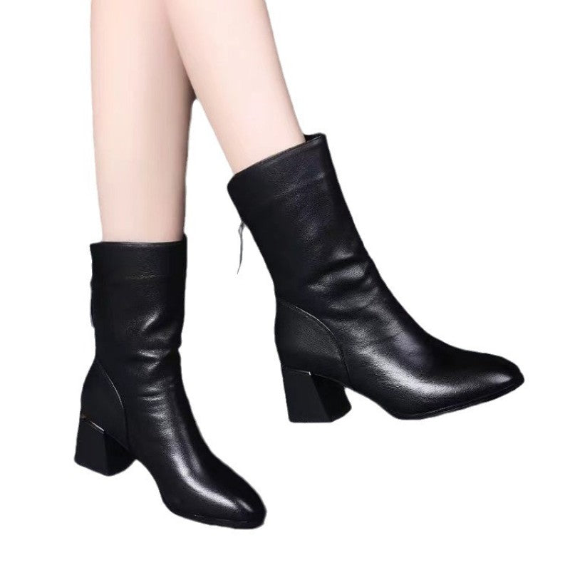 2024 New Women Versatile Leather Boots Fashion antislip high heels female Casual comfortable boot External Wear Trendy shoes