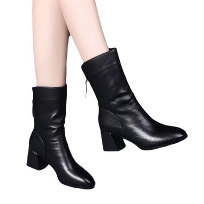 2024 New Women Versatile Leather Boots Fashion antislip high heels female Casual comfortable boot External Wear Trendy shoes