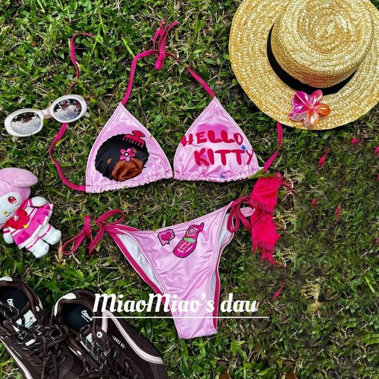 2Pcs Sexy Hot Girls Bikini Swimsuit Suit Y2K Hello Kitty Sanrios Anime Women Kitty Strap Underwear Bra Panties Beach Seaside Spa