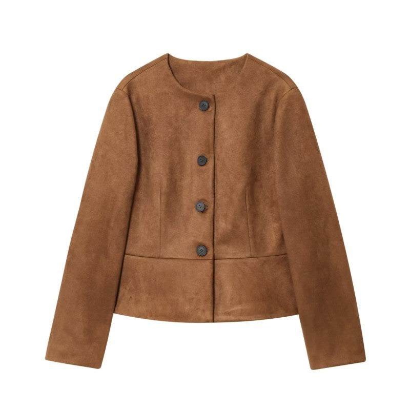 NERHEFZ Autumn Women Leather Jacket with Flared Hem Long Sleeve O Neck Button Jacket Causal Lady Coats Female Tops