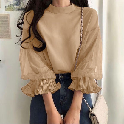 ZANZEA Women Elegant Party Blouse Chic Mesh Ruffle 3/4 Sleeve Tops 2025 Autumn Designer Stand Collar Shirts Korean Loose Tunics